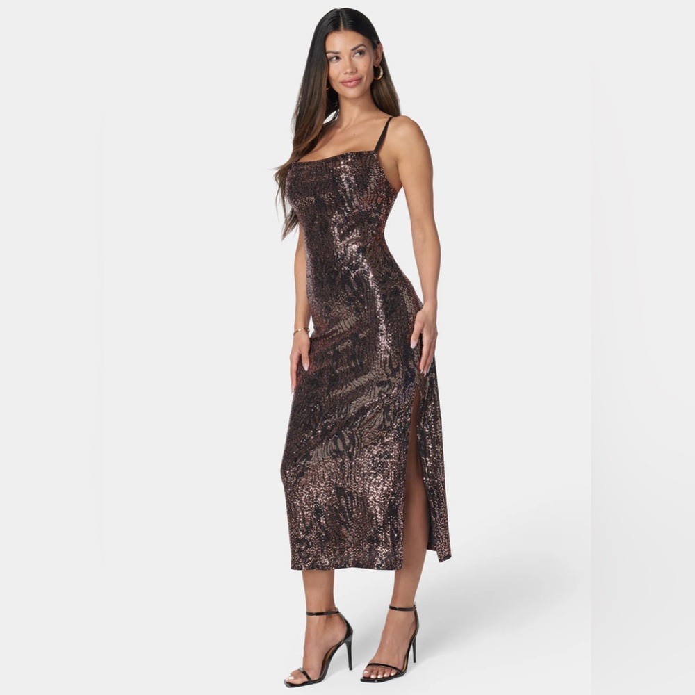 bebe Shimmering Copper Midi Dress